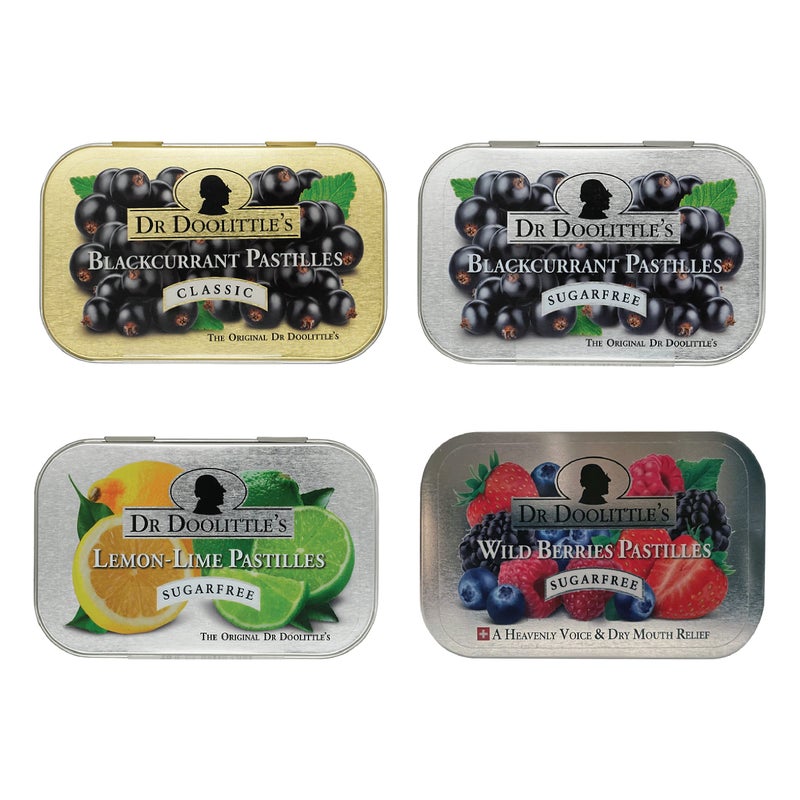 Dr Doolittles Soft Fruit Pastilles Sugar Variety Pack for Voice and Throat Blackcurrant Lemon Lime and Wild Berries 212 Ounce Tin approximately 25 Count Package 4 Pack